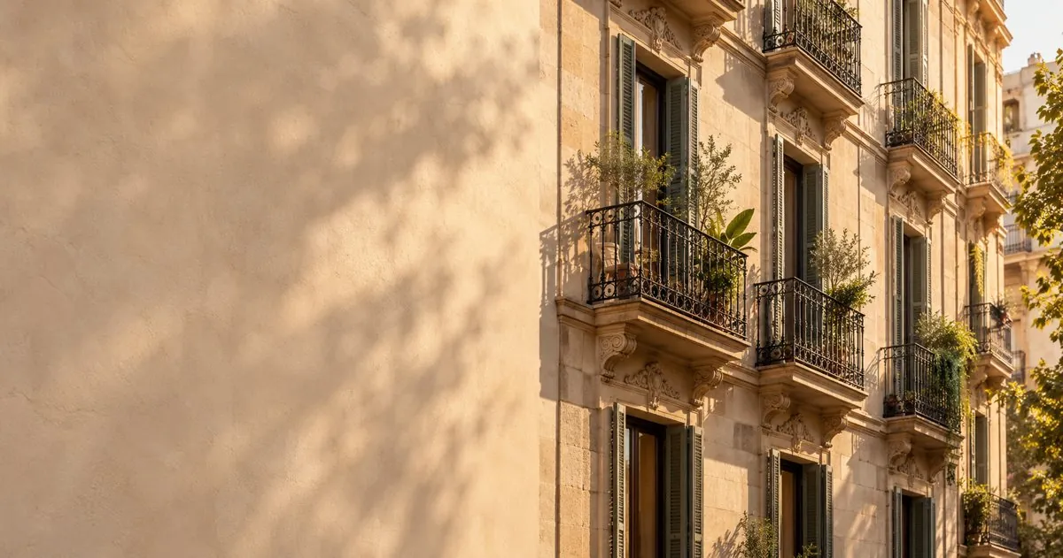 Fachada de piedra con balcones iluminada por el sol