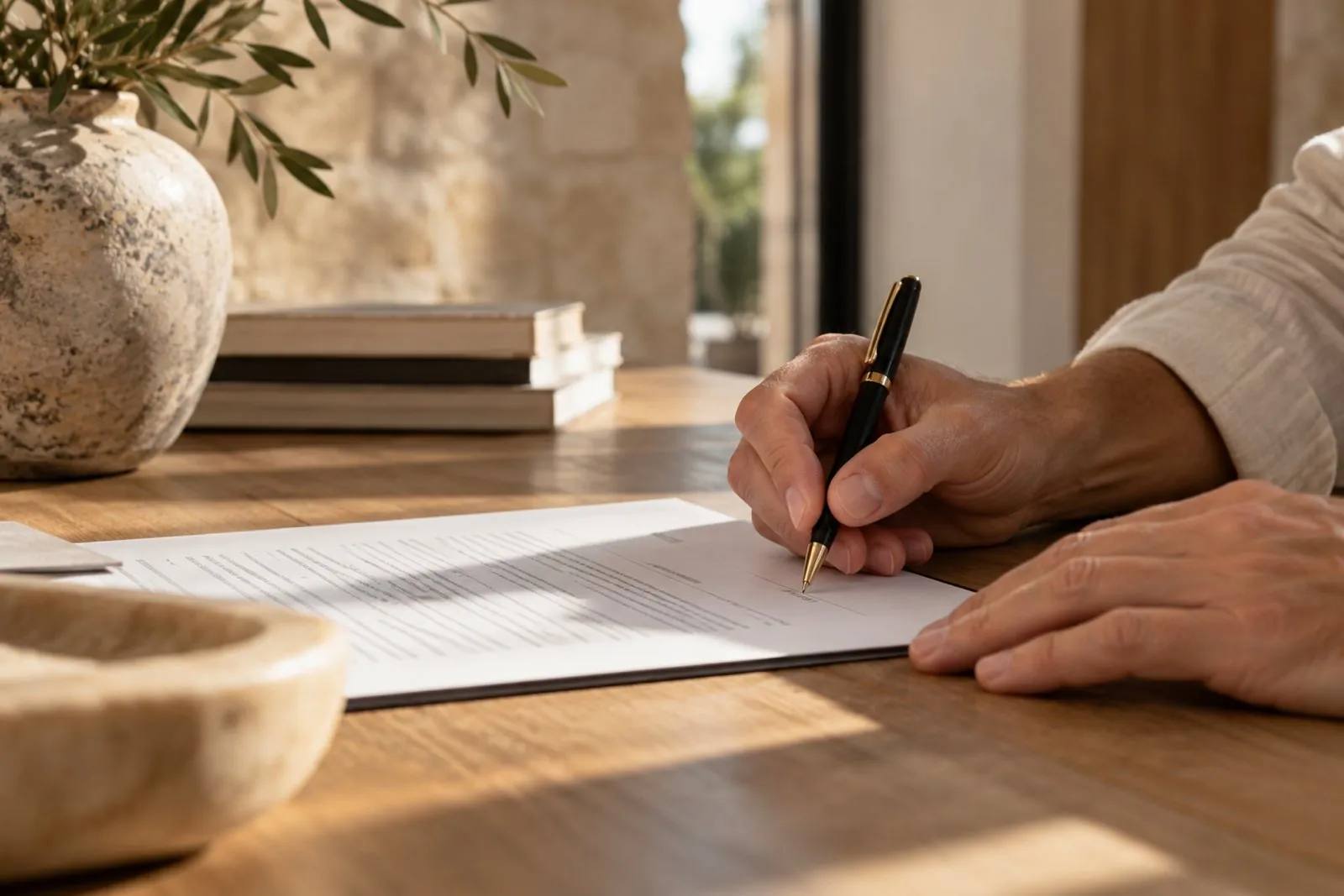 Mano firmando un contrato sobre una mesa de madera