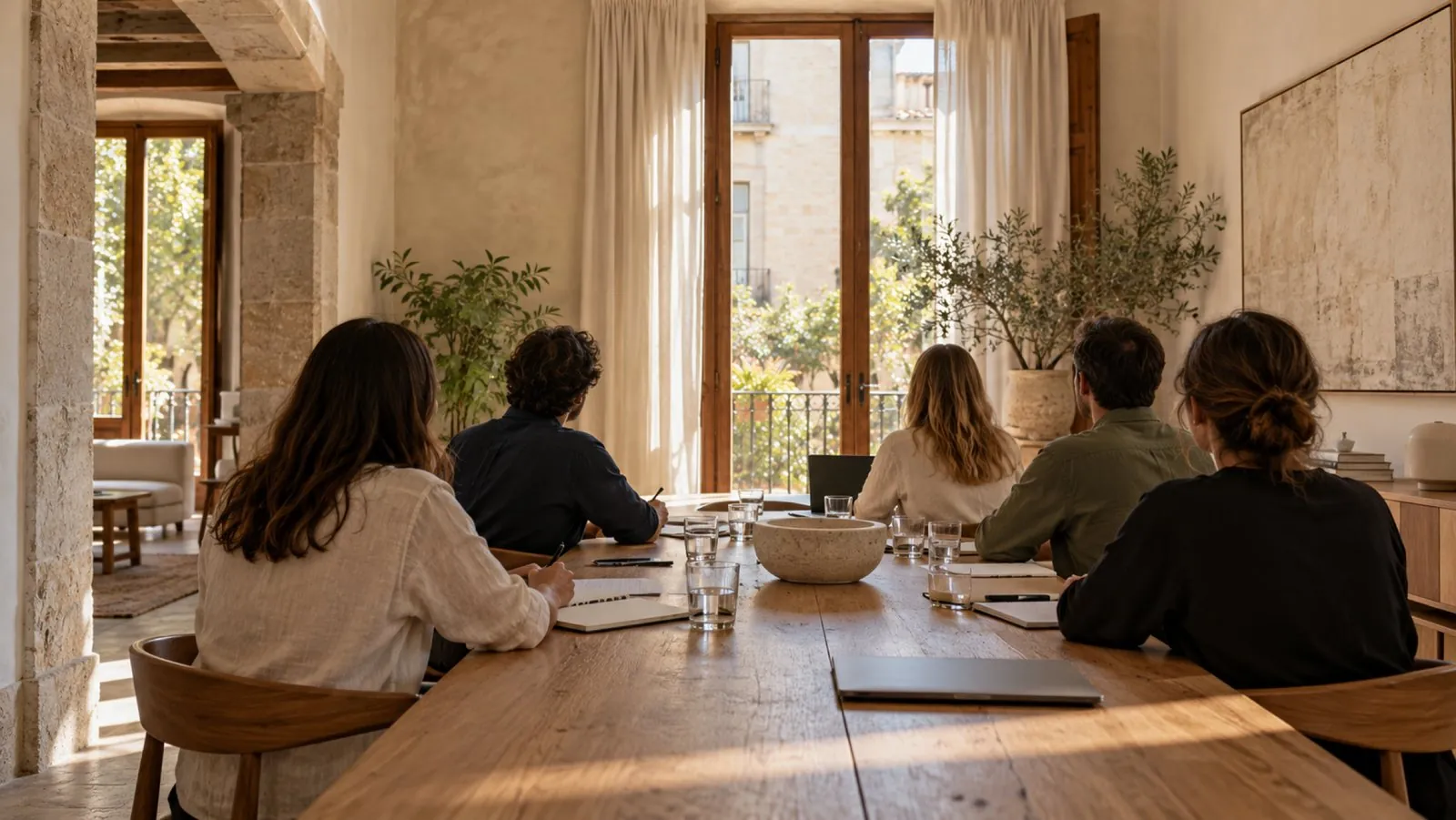 Grupo de personas de espaldas en una mesa larga de madera, en un salón con luz natural