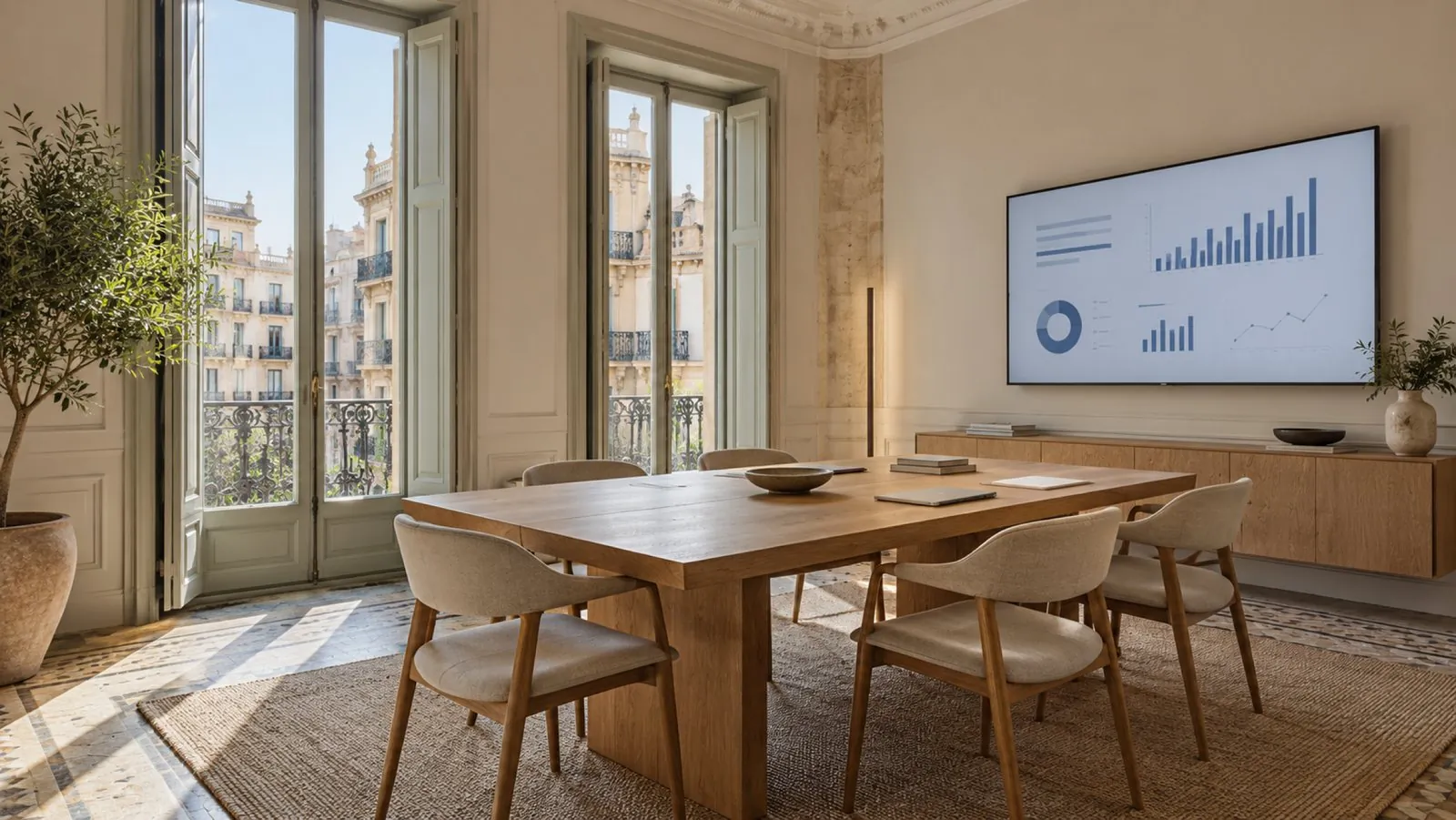 Sala de reuniones con mesa de madera y pantalla con gráficos, junto a balcones de Barcelona